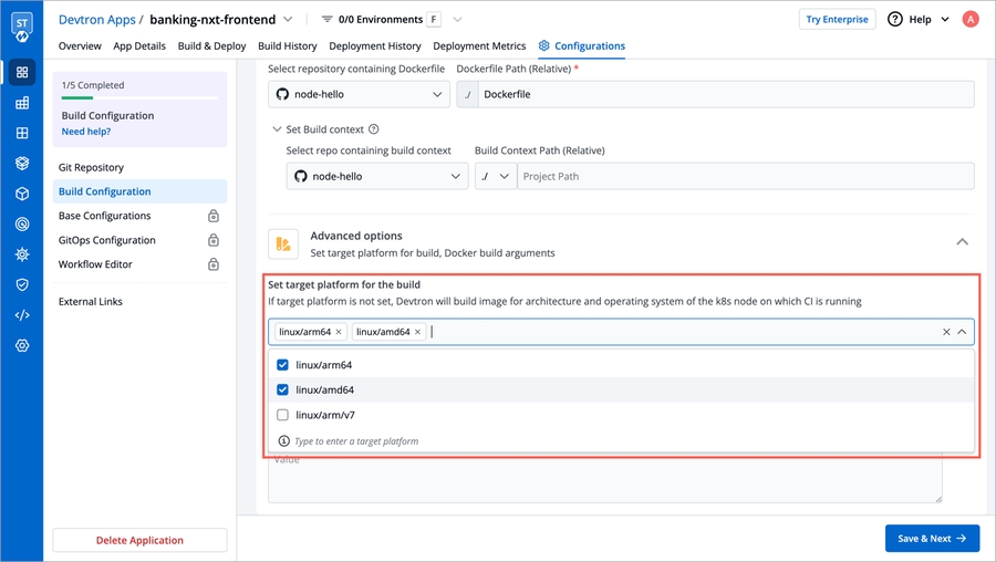Select target platform from drop-down